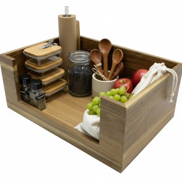 Acacia Wood Storage Bin - Rectangular Organizer with Open Front